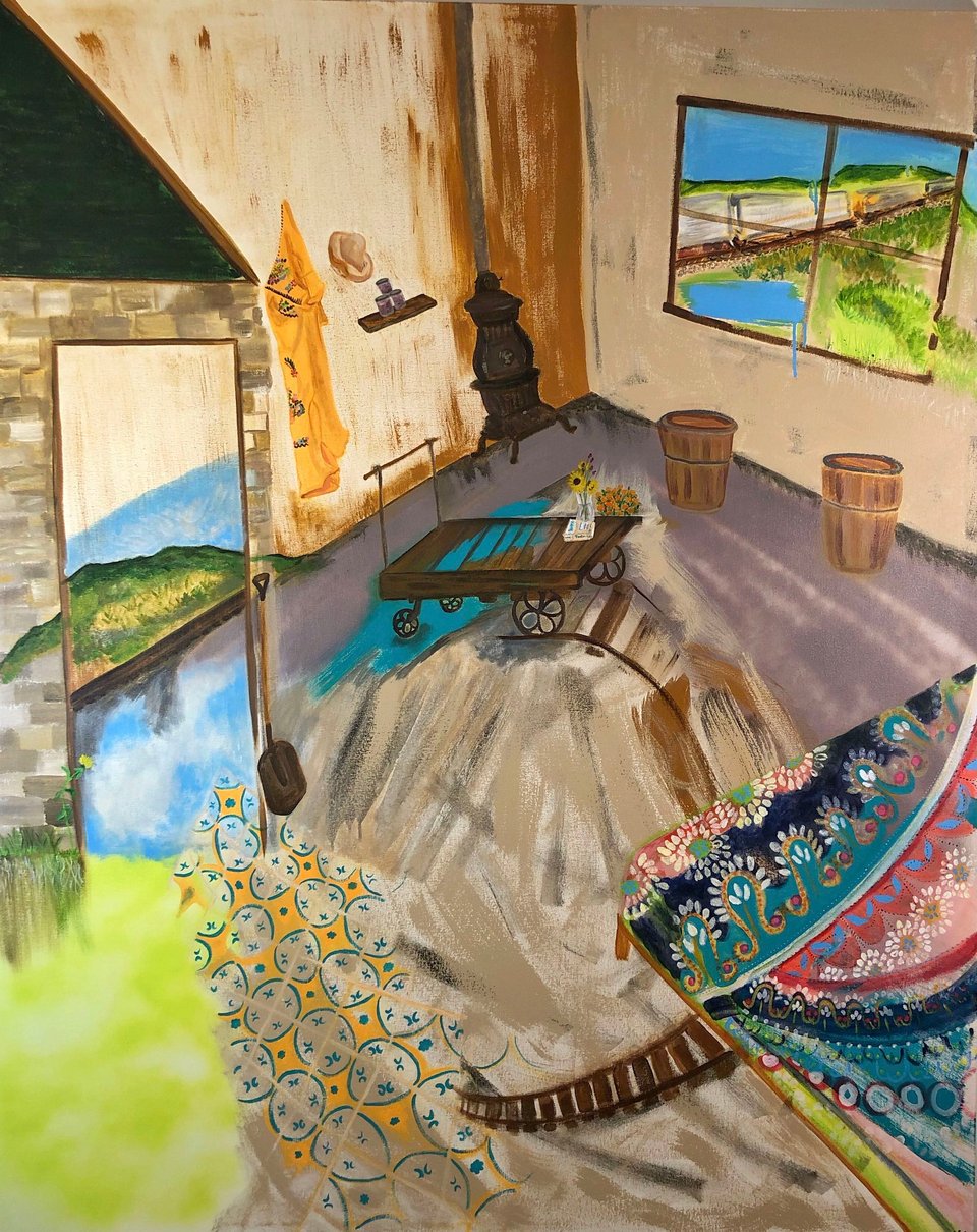 a painting of an interior with a bed and windows and doors leading to the outside of prairie