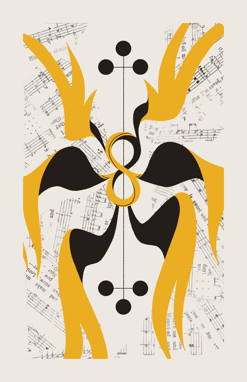 A yellow entity shaped like an infinity symbol spreads six wings to fill the composition. Behind it are six connected black circles. The background is filled with collaged sheet music.