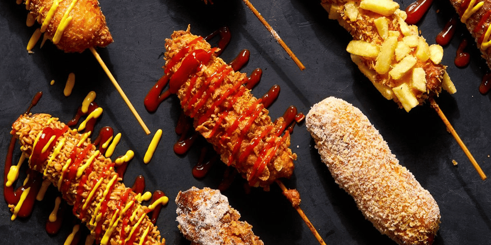 Loads of Korean corn dogs.