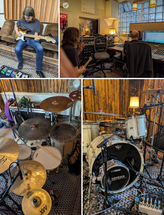 Pictures of the inside of a studio, a giant mixer, the engineer and musicians
