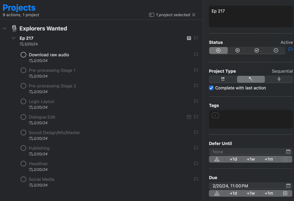 Screenshot of an episode project labeled 'Ep 217' due on February 20, 2024 by 23:00. Tasks are sequential and dependent tasks after the first are greyed out. Task list includes: download raw audio, Pre-processing Stage 1, Pre-processing Stage 2, Logic Layout, Dialogue Edit, Sound Design/Mix/Master, Publishing, Headliner, Social Media