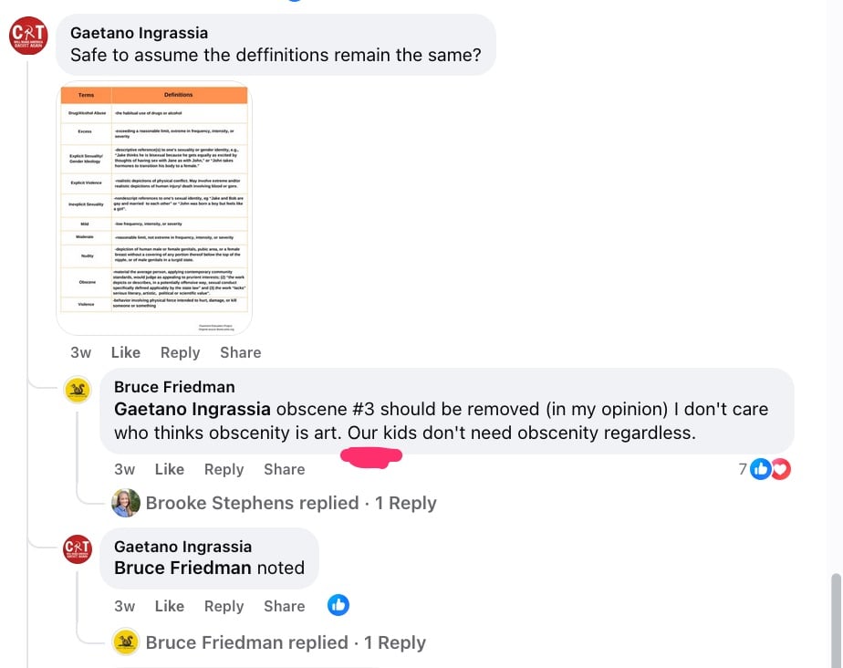 Image from the Facebook comments of a post about the new RatedBooks definitions. Bruce Friedman, one of the most prolific book banners in the US, uses the possessive term "Our" to describe children in the us.