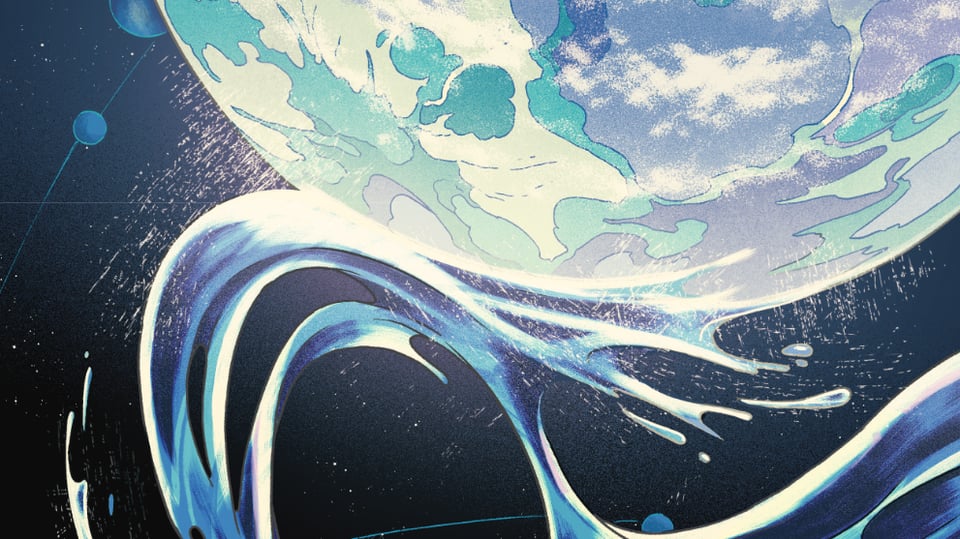 A planet, seen from space, is hit by what can only be described as a wave of steel-like ink that splashes into the void of space.