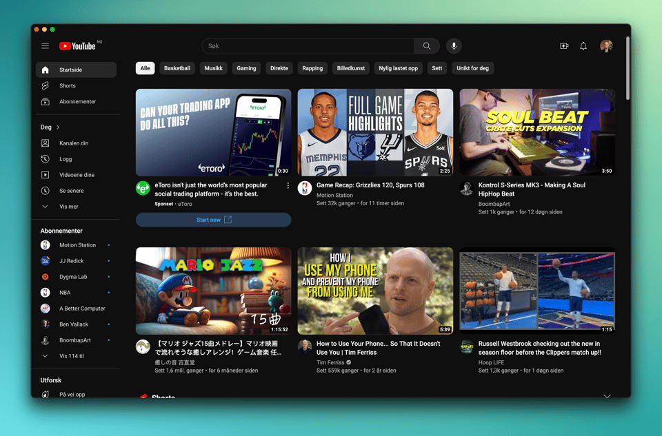 Youtube vises som web-app