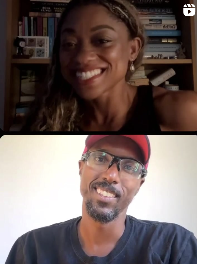 plit-screen video call featuring Nadia and her co-founder, Rob. The top half shows Nadia smiling, with long highlighted hair, wearing a black sleeveless top and pearl drop earrings, seated in front of a bookshelf filled with stacked books. The bottom half shows Rob smiling, with a short beard, wearing glasses, a red baseball cap, and a black T-shirt, against a plain white wall.