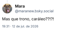 Post de Mara (@maranew.bsky.social): Mas que trono, caráleo??!?!