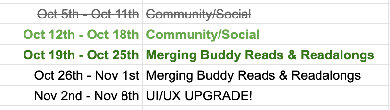 A screenshot of Nadia's development schedule for October and early November 2026. Community/Social work is scheduled for October 12th–18th, merging Buddy Reads and Readalongs for October 19th–November 1st, and a UI/UX upgrade for November 2nd–8th.
