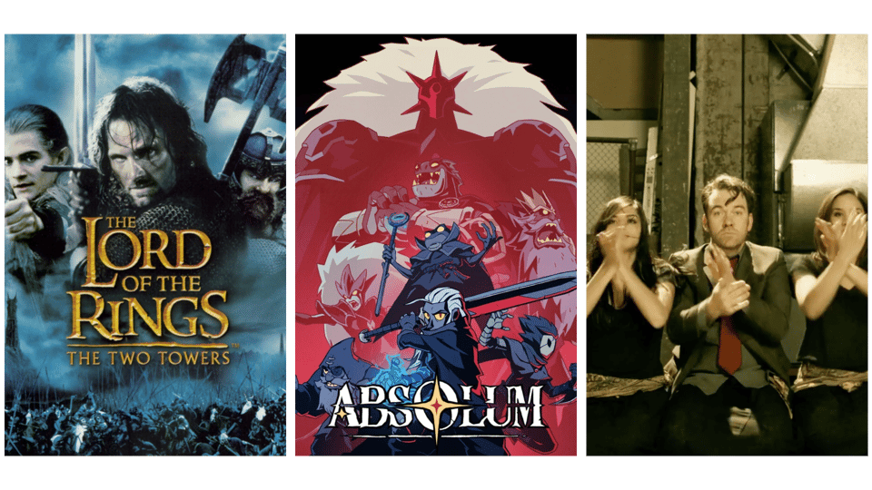 a collage of three posters. left to right: lord of the rings - the two towers, absolum, charge group - run music video thumbnail