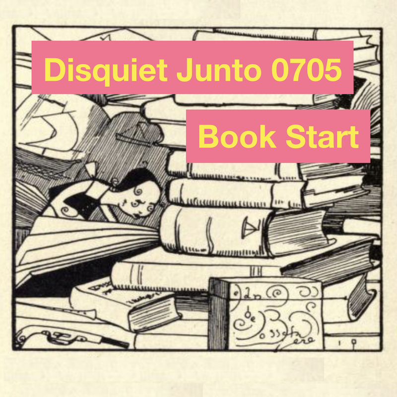 Line drawing of person looking through heaps of books, plus the name and number of this project