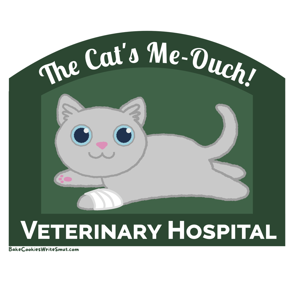 A green logo with a cartoony grey cat on it. The cat is laying down and smiling, and one of its paws is wrapped in a bandage. The text reads: The Cat's Me-Ouch! Veterinary Hospital