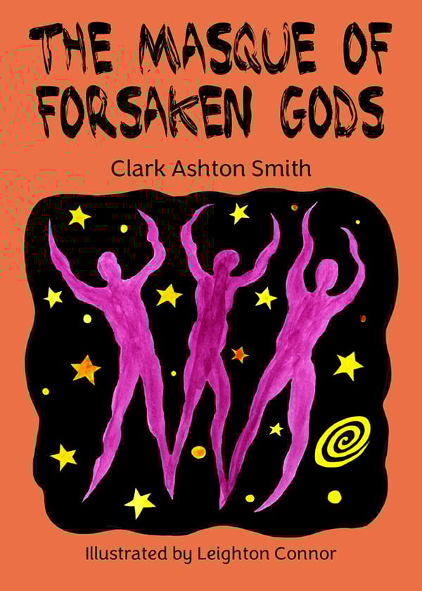 Cover with the title The Masque of Forsaken Gods and three abstract humanoid figures against a cosmic background
