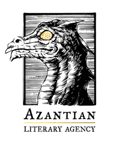The logo for the Azantian Literary Agency. It features a black and white inked illustration of a dragon with golden eyes against a hatched background and above the the name of the agency.