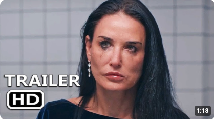 Screenshot of the YouTube trailer thumbnail for The Substance. It shows actor Demi Moore with a tear-streaked face, standing in a white tiled bathroom.