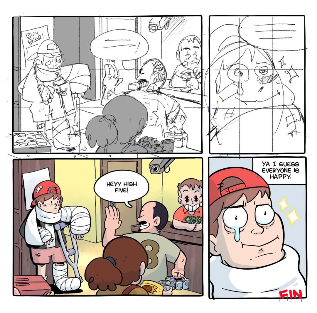 A side-by-side panel of a sequence inside a liquor store, one of the characters is beat up and wearing a full body cast.