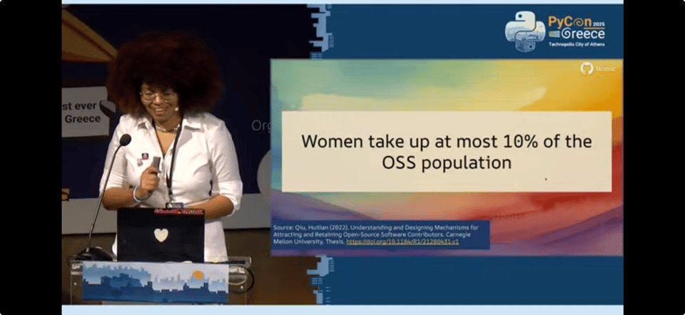 Laís ơn stage. Slide says: "Women take up at most 10% of the OSS population"