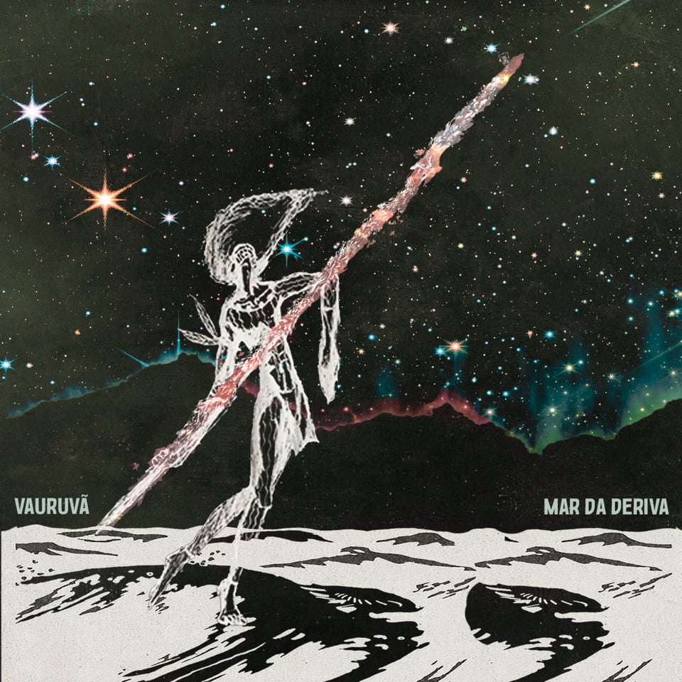 Vauruvã's album cover for  Mar da Deriva, depicting someone with what appears to be a spear(?) walking the surface of a planet and a bright cosmos shining behind them