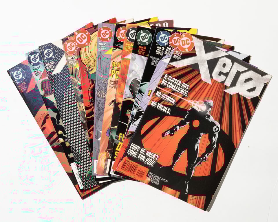 All 12 issues of the comic series "Xero" fanned out in a pile to show that every issue is present