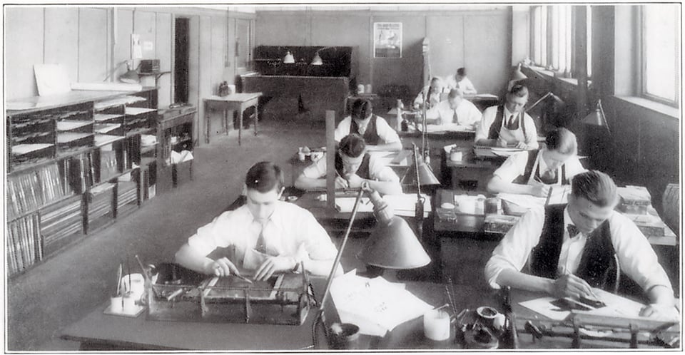 A room of Ben Day technicians at Jahn & Ollier Engraving Co. (1930s?)