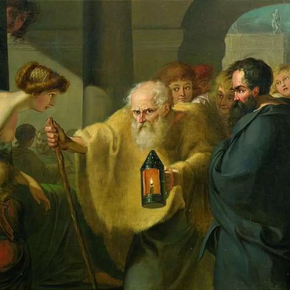 Painting of old Diogenes in a crowd of people