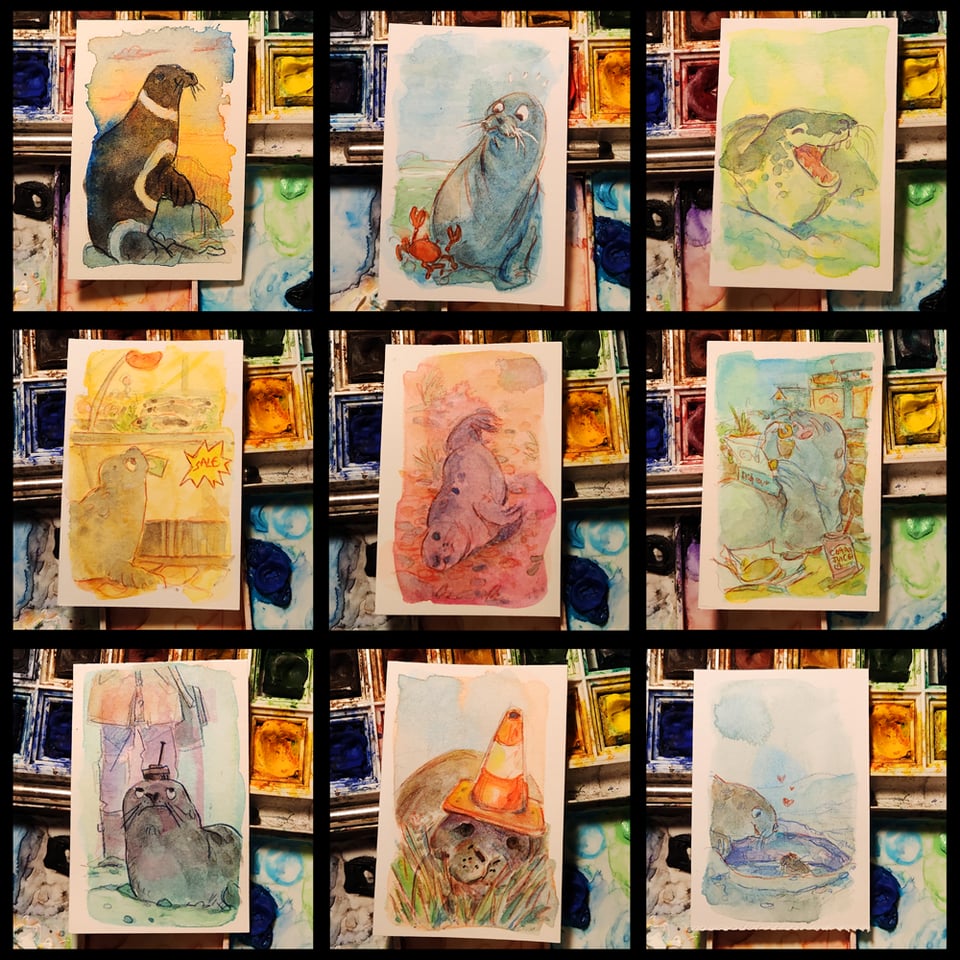 A grid of nine sketchcards, all featuring seals.