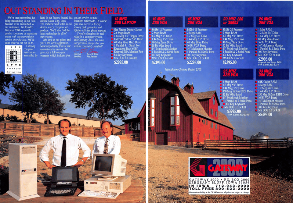 A two-page computer advertisement with the headline "Outstanding in their field" and a photograph of Ted Waitt and his brother standing in front of their father's farmhouse. In front of them is a table with three computers.