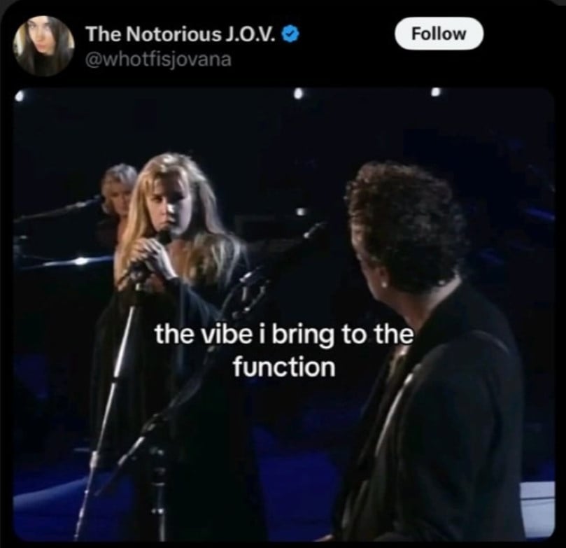 @whotfisjovana posts a photo where Stevie Nicks glares at Lindsay Buckingham as she sings Silver Springs, a song written about their failed relationship decades earlier.