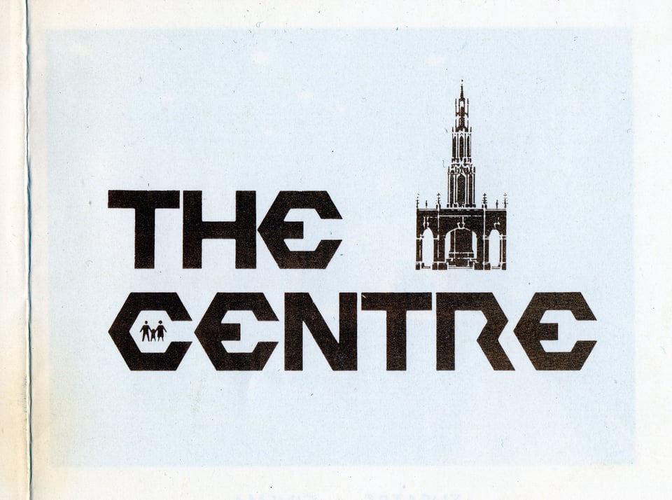 The Centre logo. It's in a very heavy octagonal font, with a drawing of a family within the letter C. Next to it is a line drawing of the Victorian-Gothic Market Cross.