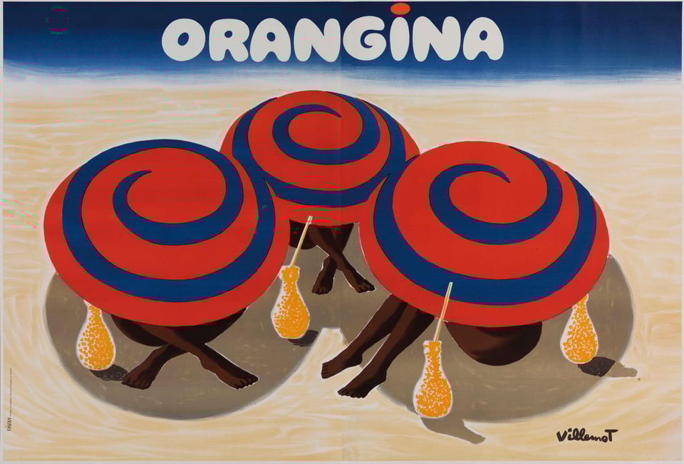 A vintage Orangina poster advertisement, illustrated in retro style. The brand name is at the top. Underneath is an image of three people on a beach. We can only see their legs because they are shading under parasols that mimic Orangina's well-known spiral orange peel device. There are four stylised Orangina "bulby bottles" next to the sunbathers.