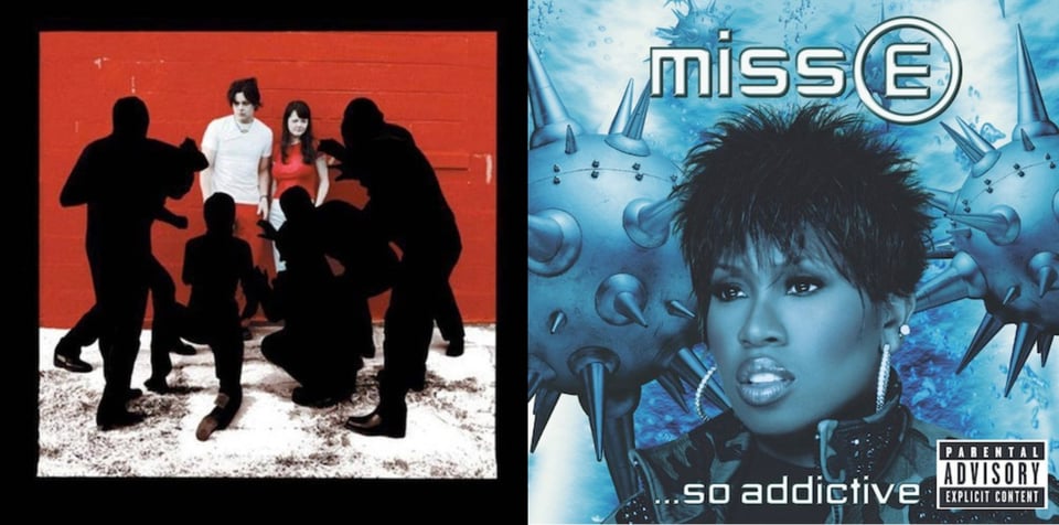 First pic:A color photo of The White Stripes: Jack, white man with black hair wearing a white t-shirt and red pants and Meg, a white woman with long black hair wearing a red shirt and white pants. They are standing against a red wall and are being menaced by six figures wearing all black and black hoods, turning them into silhouettes, like what stage puppeteers wear. The ground looks like it has white paint spilled over it. Jack looks a little unnerved, but Meg is inscrutable, which is normal for her. Second pic: A blue tinted photo of a close up of Missy Elliot, a Black woman with short black hair in what I'd call a Pat Benatar style. She wears large hoop earrings with diamonds, and a collared jacket that is vaguely like camouflage. Behind her are two spherical metal objects, covered with sharp spikes. That are reminiscent of both ocean mines and viruses.