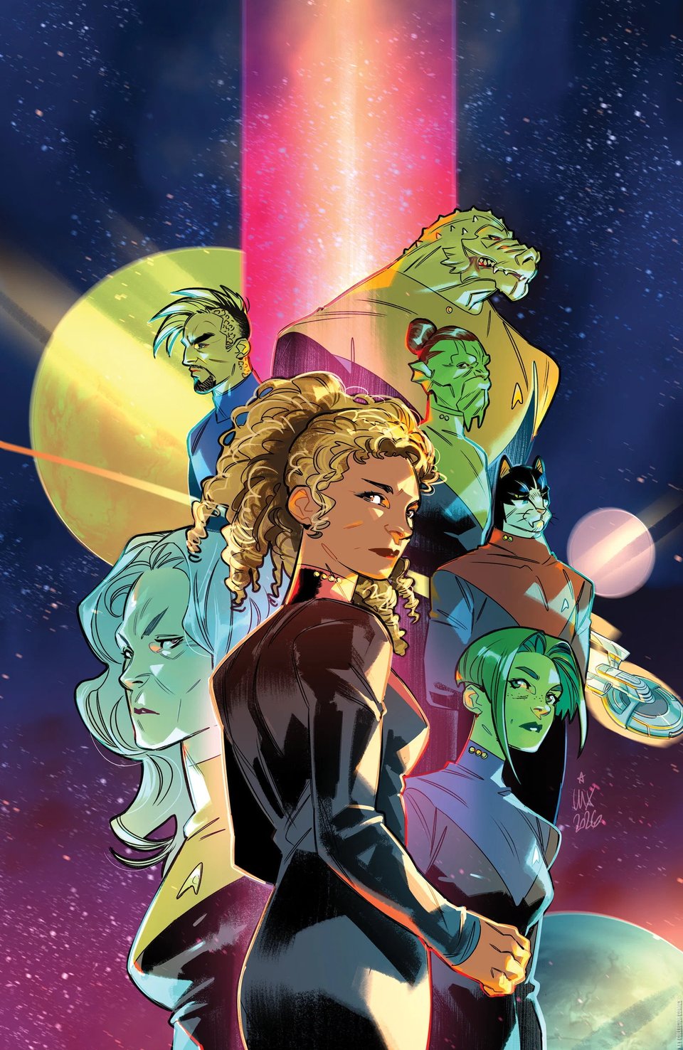 Raffi Musiker stands at the center of the page, half turned away from the viewer, against a backdrop of space and a planet. Also visible are D'Vana Tendi, an elderly Vulcan lady, a cat guy, a green Pandronian, a Trill man, and a big lizard guy. And you can just glimpse the U.S.S. Endeavour.