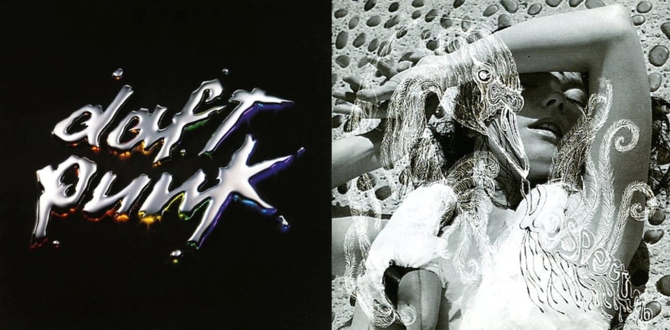 First pic: The Daft Punk logo rendered in a silver, mercury-like liquid. Underneath the letters are glowing highlights, running the rainbow from red on the left to indigo on the right. This is on a black background.  Second pic: A black and white photo, tinted in a bluish-grey, of Björk, a white woman, laying on concrete in the sun, one arm over her face and casting it in shadow. Her eyes are closed and mouth is slightly open, intending a kind of sensual feeling. I believe she's naked, but her chest is obscured by a drawing of a goose or swan overlaying the image. The word VESPERTINE can just be made out in the bird's feathers.