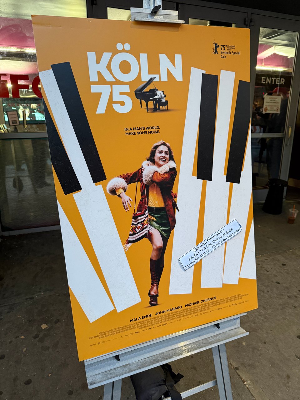 Actress Mala Emde as Vera Brandes running in poster for movie Köln 75 outside IFC Center, New York, NY.