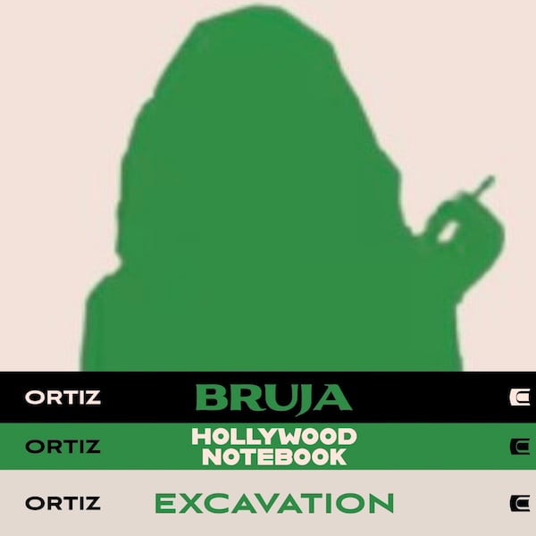 An image that features a green silhouette of Wendy smoking a cigarette on a cream-colored background. Underneath are the spines of her three books, Excavation, Hollywood Notebook, and Bruja. 