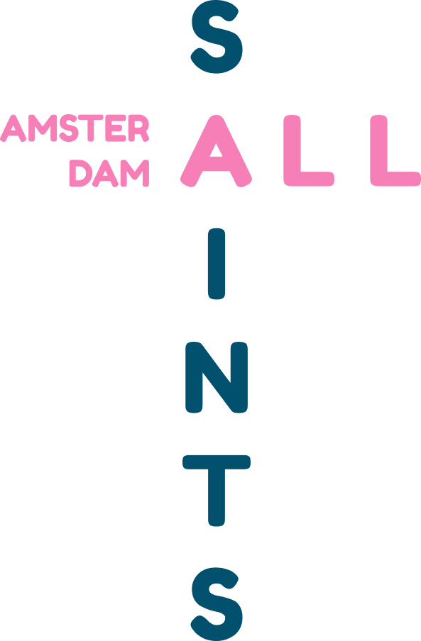 The logo of All Saints Amsterdam shows the church's name written in the shape of cross with pink and black letters