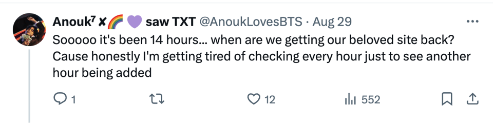 Tweet reading: Sooooo it's been 14 hours...when are we getting our beloved site back? Cause honestly I'm getting tired of checking every hour just to see another hour being added