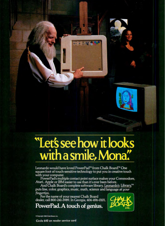 A full-page magazine advertisement depicting Leonardo DaVinci drawing the Mona Lisa on a touchscreen device. There is a model posing and smiling for the photo and a half-drawn picture on a screen connected to Leonardo's tablet computer.