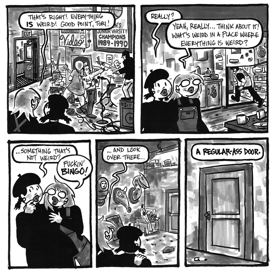 A page from NO RACCOONS IN HELL in which Val and Tori look around Fort Satan.