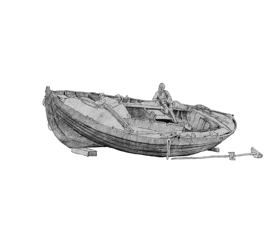 A large rowboat, on land, with someone sitting in it