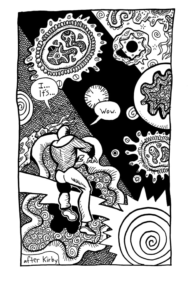Page 2 from Lightning Man volume 2. It's a splash page, showing Lightning Man from behind as he enters an interdimensional crossroads, full of swirls and squiggles.