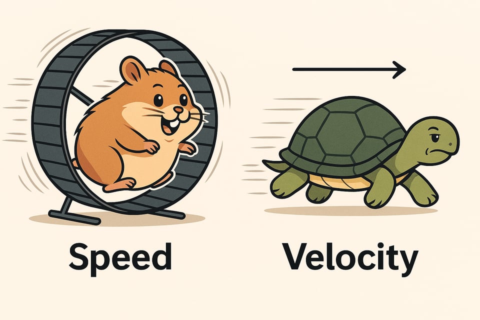hamster running on wheel labeled "speed", turtle with arrow labeled "velocity"
