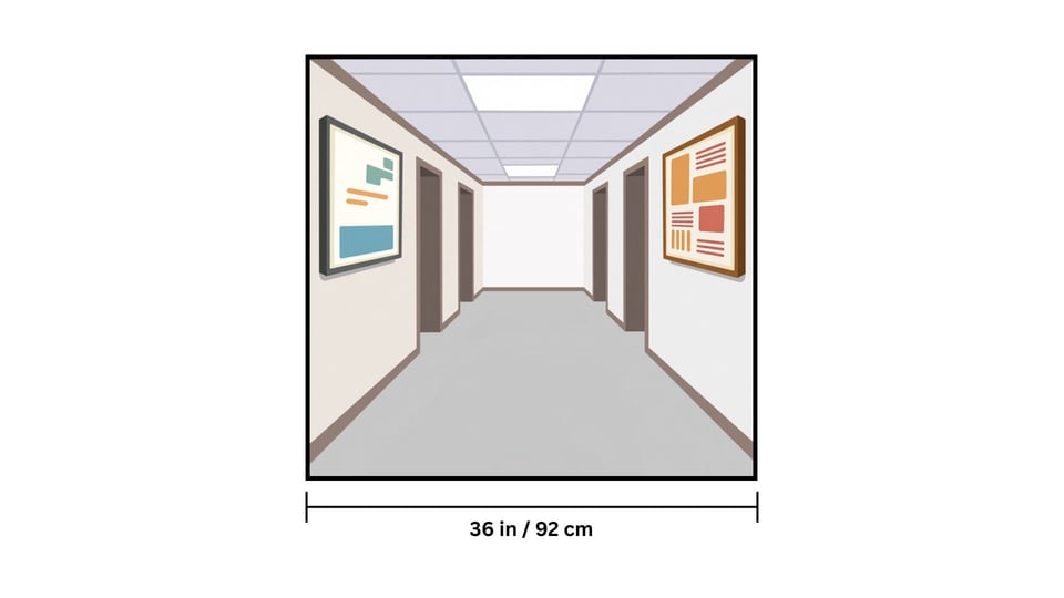 A clear hallway with a 36 inch / 92 centimeter measurment
