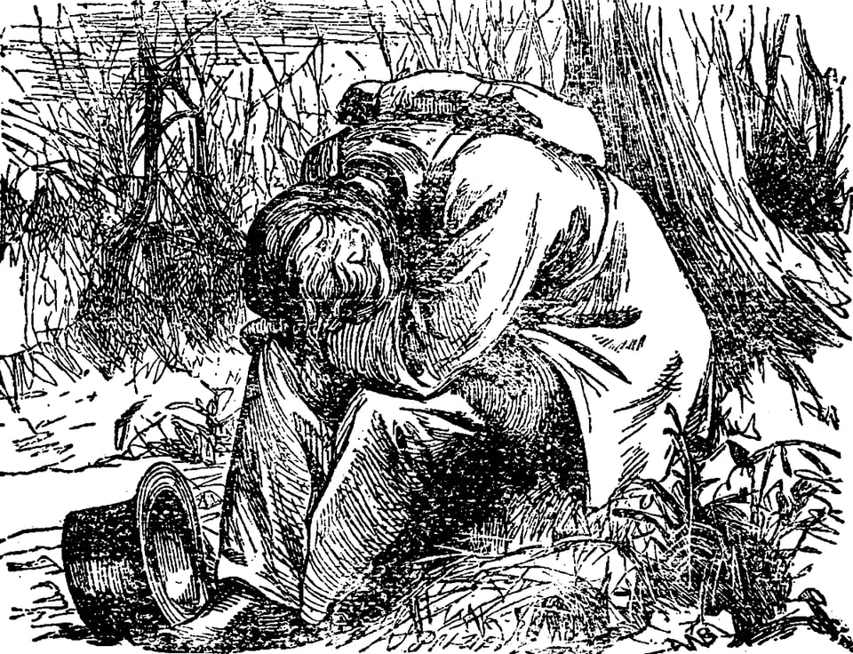 A nineteen century looking black and white engraving of a man wearing a long coat and a knapsack sitting down, his face slumped into his arm, before a tree. A top hat lies discarded at his feet.