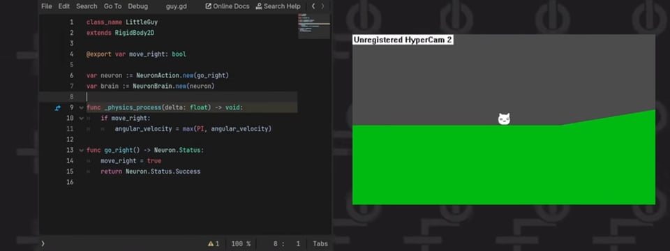 A screenshot of *type-safe behavior trees in godot* at 4:38, depicting the Godot code editor to the left and the viewport with the little guy to the right.