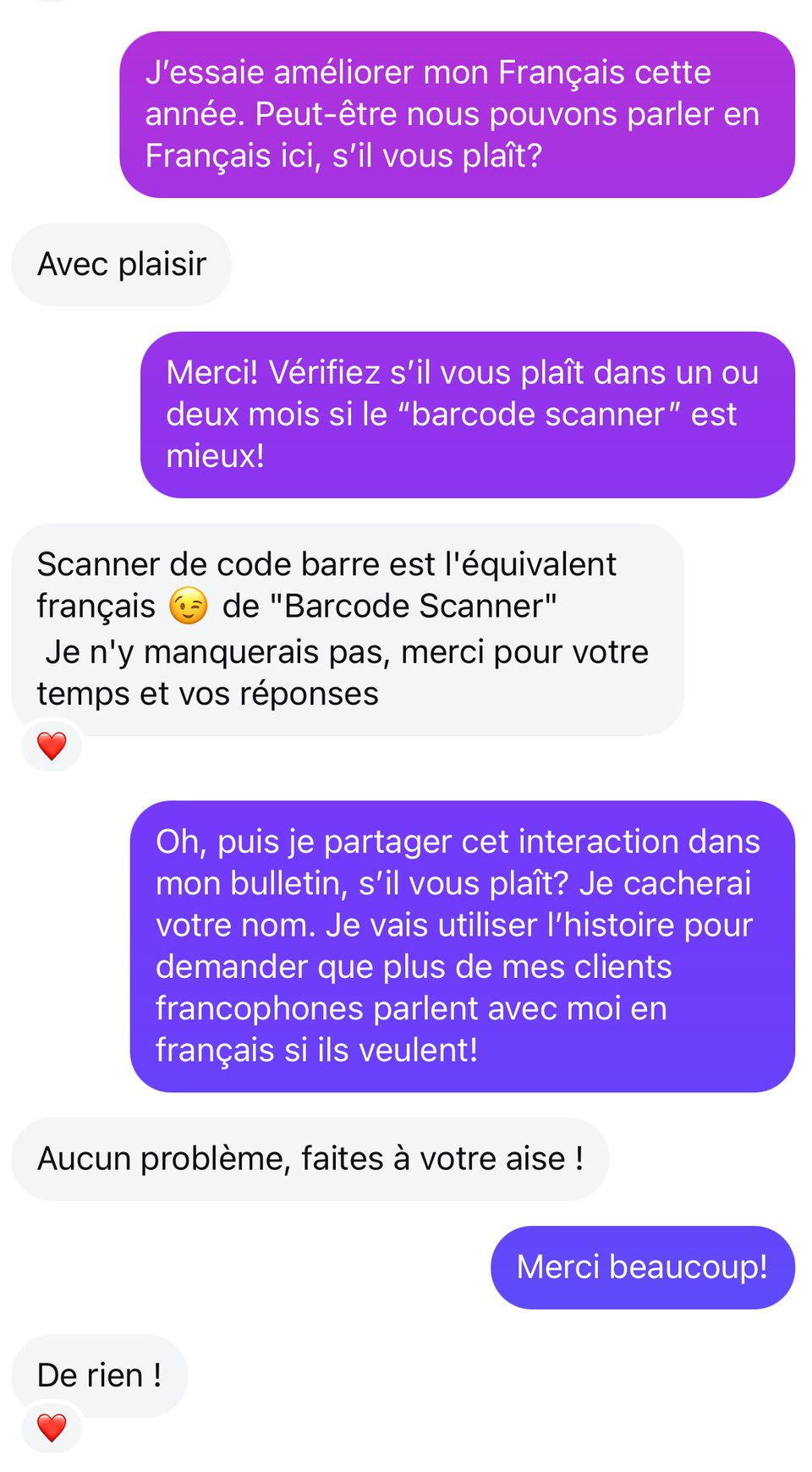 An IG DM convo in French where I ask the StoryGraph user if we can speak in French because I'm trying to improve my French. They agree. Then I tell them the barcode scanner will be fixed in a few months and they thank me for the info. Finally I ask if I can share this conversation in my newsletter. They agree.