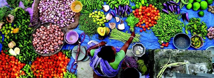 A woman in Western Bangladesh offers a wide range of fruits and vegetables for sale in the market