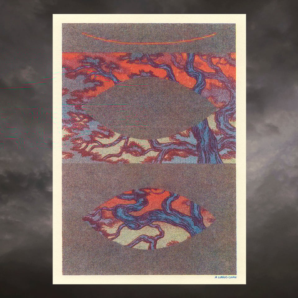 a riso print: the arc of a closed eye in red over grey static; a symbolic shape of an eye over twisting blue pine branches in reddening skies; and then a cutout of the scene framed by the same eye shape below.