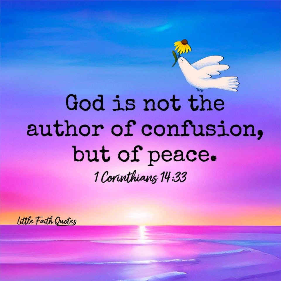 "For God is not the author of confusion, but of peace." ~1 Corinthians 14:33. The sun sets in a blue and purple sky over a beautiful pink and purple ocean. Image by: @Little Faith Quotes.