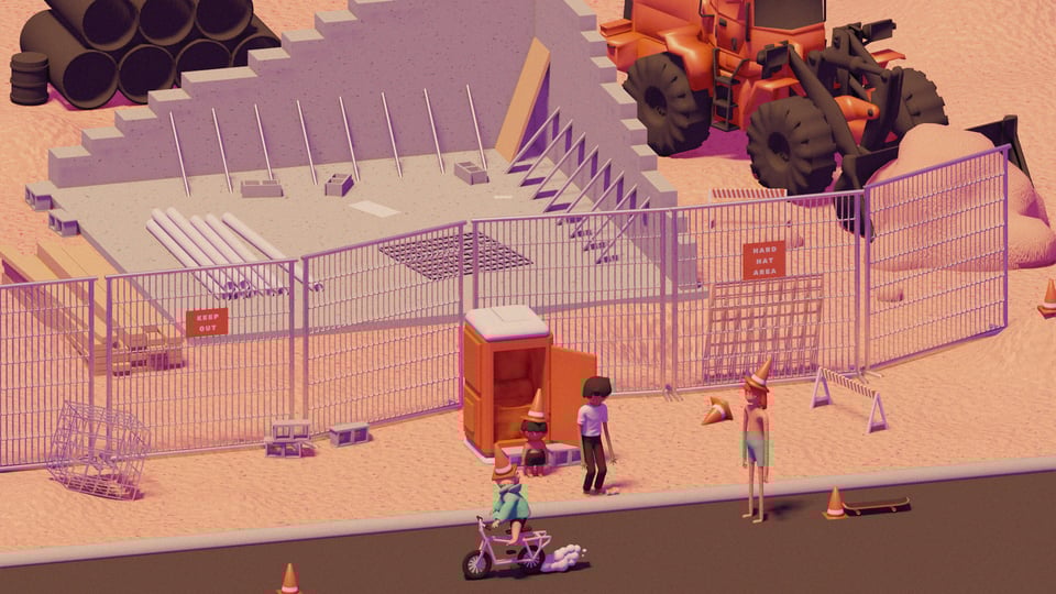 a bunch of people with traffic cones on their heads stand around a porter potty, next to a construction site