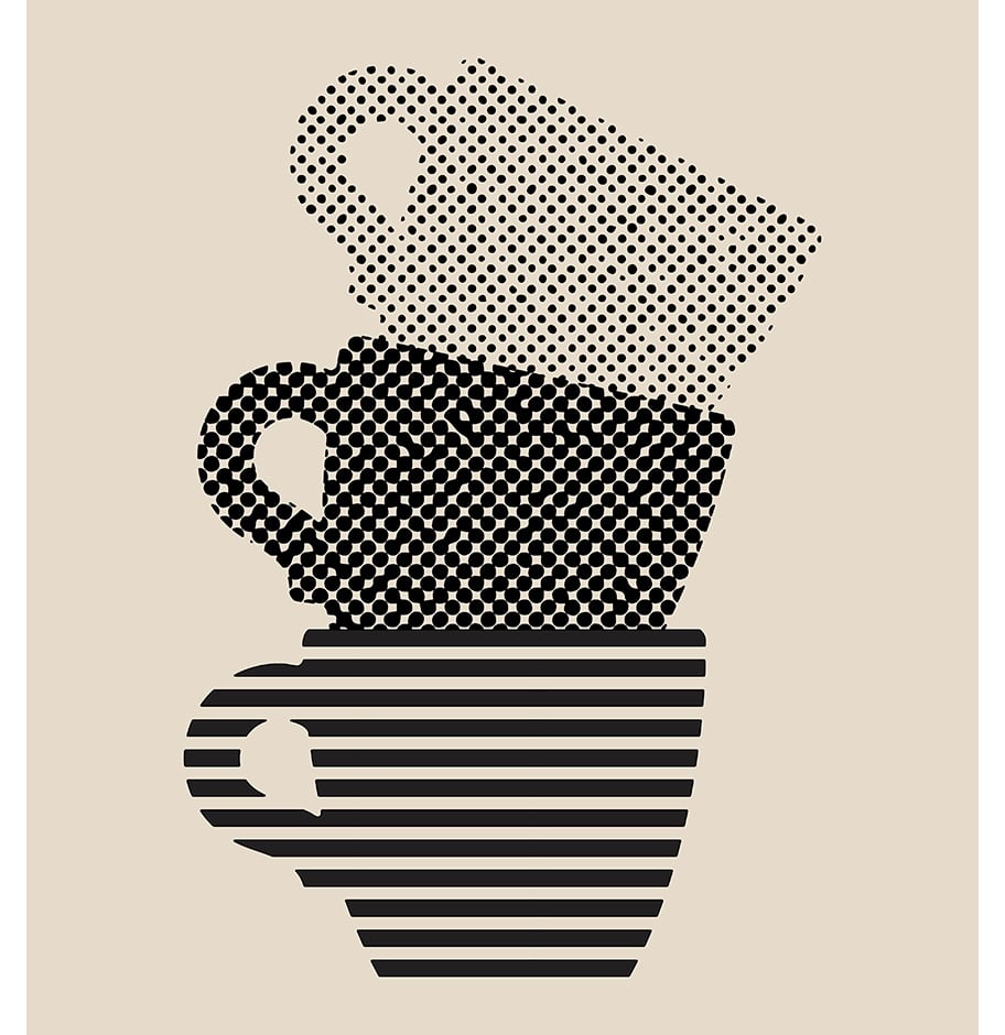 A graphic illustration of three stacked coffee cups in varying patterns, including polka dots and stripes, set against a light beige background.