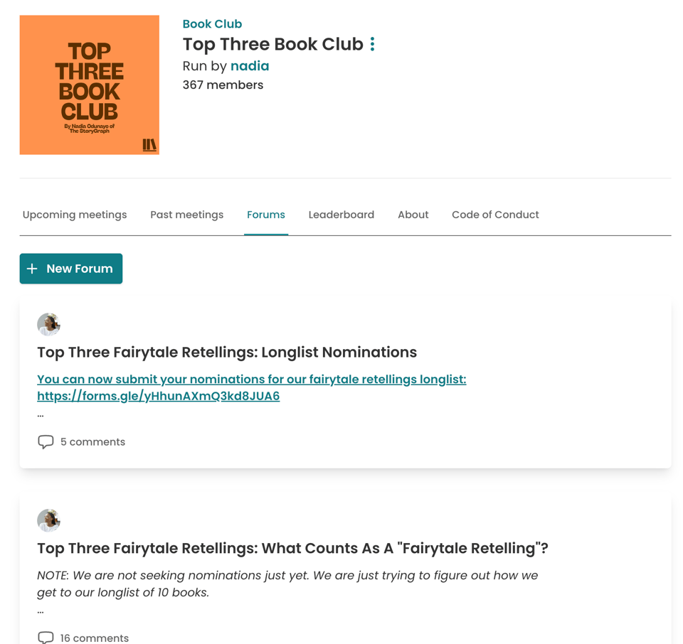 The StoryGraph page for the “Top Three Book Club,” showing 367 members and its Forums tab, including discussions about nominations and criteria for a fairytale-retellings longlist.